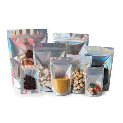 4.7x7.9 بوصة قابلة لإعادة إغلاق Mylar هولوغرافية زيبلوك ورق الوقوف حقائب للكعك القهوة الغذائية التغليف
